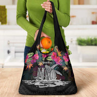 Personalised Hawaii Grocery Bag Humpback Whale Tattoo With Tropical Flowers Black LT14 - Polynesian Pride