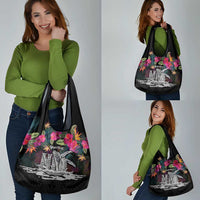 Personalised Hawaii Grocery Bag Humpback Whale Tattoo With Tropical Flowers Black LT14 - Polynesian Pride