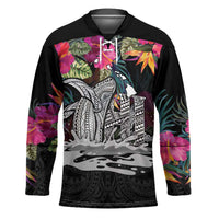 Personalised Hawaii Hockey Jersey Humpback Whale Tattoo With Tropical Flowers Black