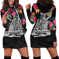 Personalised Hawaii Hoodie Dress Humpback Whale Tattoo With Tropical Flowers Black