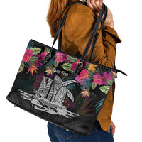 Personalised Hawaii Leather Tote Bag Humpback Whale Tattoo With Tropical Flowers Black