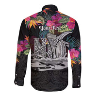 Personalised Hawaii Long Sleeve Button Shirt Humpback Whale Tattoo With Tropical Flowers Black LT14 - Polynesian Pride