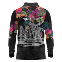Personalised Hawaii Long Sleeve Polo Shirt Humpback Whale Tattoo With Tropical Flowers Black