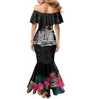 Personalised Hawaii Mermaid Dress Humpback Whale Tattoo With Tropical Flowers Black