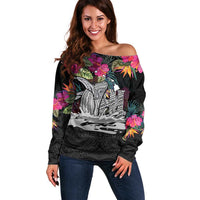 Personalised Hawaii Off Shoulder Sweater Humpback Whale Tattoo With Tropical Flowers Black LT14 Women Black - Polynesian Pride