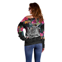 Personalised Hawaii Off Shoulder Sweater Humpback Whale Tattoo With Tropical Flowers Black LT14 - Polynesian Pride