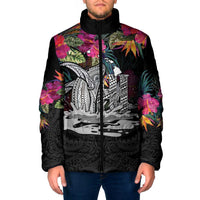 Personalised Hawaii Padded Jacket Humpback Whale Tattoo With Tropical Flowers Black