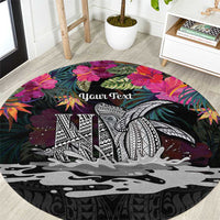 Personalised Hawaii Round Carpet Humpback Whale Tattoo With Tropical Flowers Black LT14 Black - Polynesian Pride