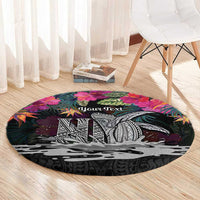 Personalised Hawaii Round Carpet Humpback Whale Tattoo With Tropical Flowers Black LT14 - Polynesian Pride