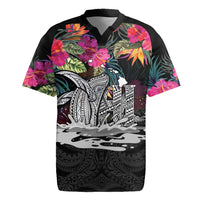 Personalised Hawaii Rugby Jersey Humpback Whale Tattoo With Tropical Flowers Black LT14 Black - Polynesian Pride