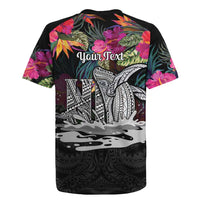 Personalised Hawaii Rugby Jersey Humpback Whale Tattoo With Tropical Flowers Black LT14 - Polynesian Pride