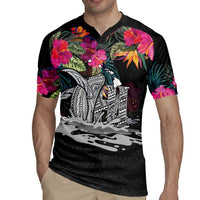 Personalised Hawaii Rugby Jersey Humpback Whale Tattoo With Tropical Flowers Black LT14 - Polynesian Pride