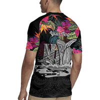 Personalised Hawaii Rugby Jersey Humpback Whale Tattoo With Tropical Flowers Black LT14 - Polynesian Pride