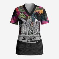 Personalised Hawaii Scrub Top Humpback Whale Tattoo With Tropical Flowers Black
