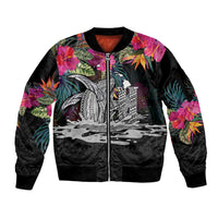 Personalised Hawaii Sleeve Zip Bomber Jacket Humpback Whale Tattoo With Tropical Flowers Black LT14 Unisex Black - Polynesian Pride
