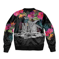 Personalised Hawaii Sleeve Zip Bomber Jacket Humpback Whale Tattoo With Tropical Flowers Black LT14 - Polynesian Pride
