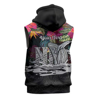 Personalised Hawaii Sleeveless Hoodie Humpback Whale Tattoo With Tropical Flowers Black