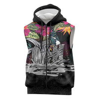 Personalised Hawaii Sleeveless Zip Hoodie Humpback Whale Tattoo With Tropical Flowers Black