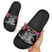 Personalised Hawaii Slide Sandals Humpback Whale Tattoo With Tropical Flowers Black LT14 - Polynesian Pride