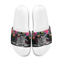 Personalised Hawaii Slide Sandals Humpback Whale Tattoo With Tropical Flowers Black LT14 Black - Polynesian Pride