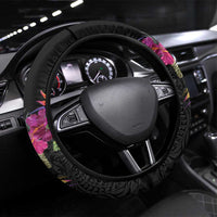 Hawaii Steering Wheel Cover Humpback Whale Tattoo With Tropical Flowers Black LT14 Universal Fit Black - Polynesian Pride