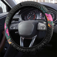 Hawaii Steering Wheel Cover Humpback Whale Tattoo With Tropical Flowers Black LT14 - Polynesian Pride