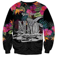 Personalised Hawaii Sweatshirt Humpback Whale Tattoo With Tropical Flowers Black