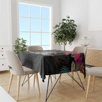 Personalised Hawaii Tablecloth Humpback Whale Tattoo With Tropical Flowers Black