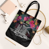 Personalised Hawaii Tote Bag Humpback Whale Tattoo With Tropical Flowers Black LT14 Black Strap One Size Black - Polynesian Pride