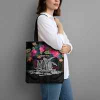 Personalised Hawaii Tote Bag Humpback Whale Tattoo With Tropical Flowers Black LT14 - Polynesian Pride