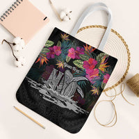 Personalised Hawaii Tote Bag Humpback Whale Tattoo With Tropical Flowers Black LT14 White Strap One Size Black - Polynesian Pride