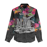 Personalised Hawaii Women Casual Shirt Humpback Whale Tattoo With Tropical Flowers Black LT14 - Polynesian Pride
