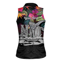 Personalised Hawaii Women Sleeveless Polo Shirt Humpback Whale Tattoo With Tropical Flowers Black