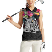Personalised Hawaii Women Sleeveless Polo Shirt Humpback Whale Tattoo With Tropical Flowers Black