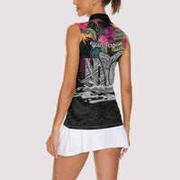 Personalised Hawaii Women Sleeveless Polo Shirt Humpback Whale Tattoo With Tropical Flowers Black
