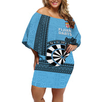 Personalised Fiji Darts Off Shoulder Short Dress Fijian Tapa Pattern - Blue LT14 Women Blue - Polynesian Pride