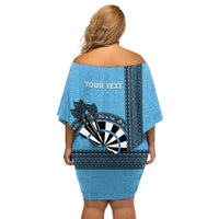 Personalised Fiji Darts Off Shoulder Short Dress Fijian Tapa Pattern - Blue LT14 - Polynesian Pride