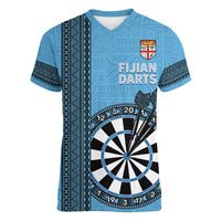 Personalised Fiji Darts Women V-Neck T-Shirt Fijian Tapa Pattern - Blue