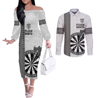 Personalised Fiji Darts Couples Matching Off The Shoulder Long Sleeve Dress and Long Sleeve Button Shirt Fijian Tapa Pattern - White