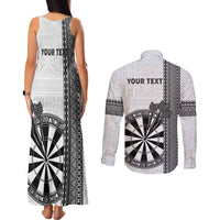 Personalised Fiji Darts Couples Matching Tank Maxi Dress and Long Sleeve Button Shirt Fijian Tapa Pattern - White