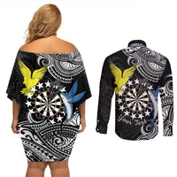 Personalised Cook Islands Darts Couples Matching Off Shoulder Short Dress and Long Sleeve Button Shirt Kuki Airani Tribal Pattern LT14 - Polynesian Pride