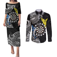 Personalised Cook Islands Darts Couples Matching Puletasi and Long Sleeve Button Shirt Kuki Airani Tribal Pattern LT14 Black - Polynesian Pride