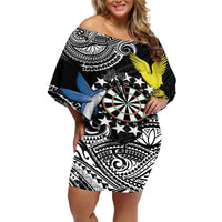 Personalised Cook Islands Darts Off Shoulder Short Dress Kuki Airani Tribal Pattern LT14 Women Black - Polynesian Pride