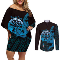 Aloha Hawaii Darts Couples Matching Off Shoulder Short Dress and Long Sleeve Button Shirt Dart Board With Polynesian Shark - Blue LT14 Blue - Polynesian Pride