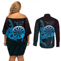 Aloha Hawaii Darts Couples Matching Off Shoulder Short Dress and Long Sleeve Button Shirt Dart Board With Polynesian Shark - Blue LT14 - Polynesian Pride
