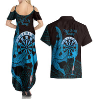 Aloha Hawaii Darts Couples Matching Summer Maxi Dress and Hawaiian Shirt Dart Board With Polynesian Shark - Blue