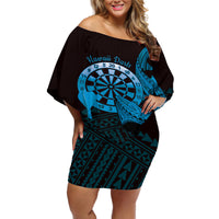 Aloha Hawaii Darts Off Shoulder Short Dress Dart Board With Polynesian Shark - Blue LT14 Women Blue - Polynesian Pride