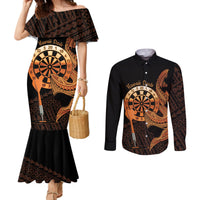 Aloha Hawaii Darts Couples Matching Mermaid Dress and Long Sleeve Button Shirt Dart Board With Polynesian Shark - Gold LT14 Gold - Polynesian Pride