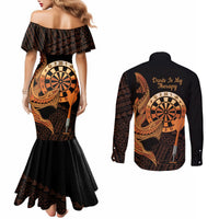 Aloha Hawaii Darts Couples Matching Mermaid Dress and Long Sleeve Button Shirt Dart Board With Polynesian Shark - Gold LT14 - Polynesian Pride