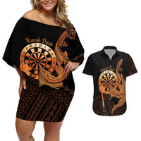 Aloha Hawaii Darts Couples Matching Off Shoulder Short Dress and Hawaiian Shirt Dart Board With Polynesian Shark - Gold LT14 Gold - Polynesian Pride